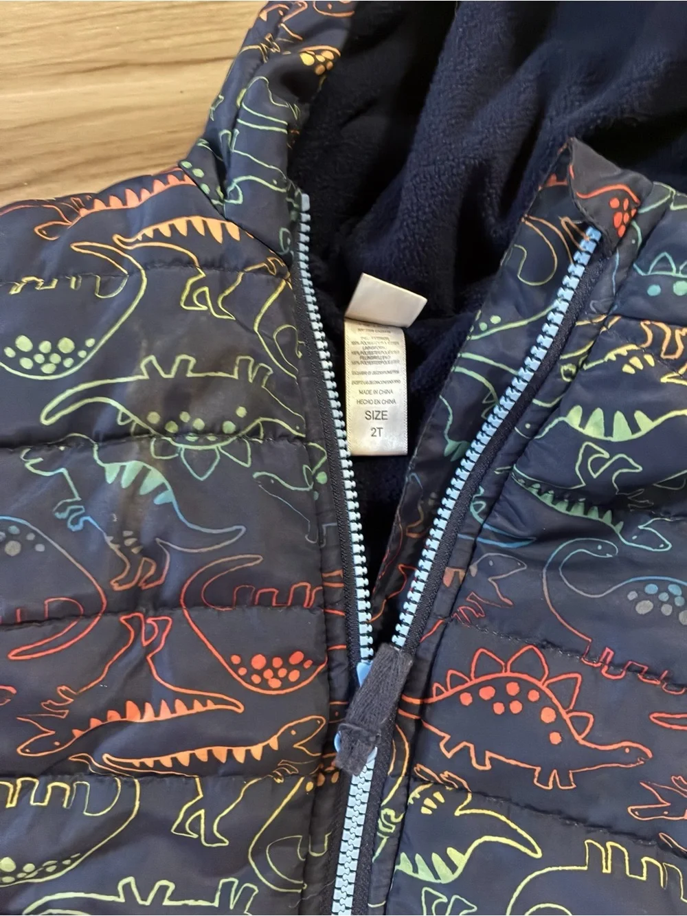 Kids Navy Dinosaur Puffer Jacket with Hood